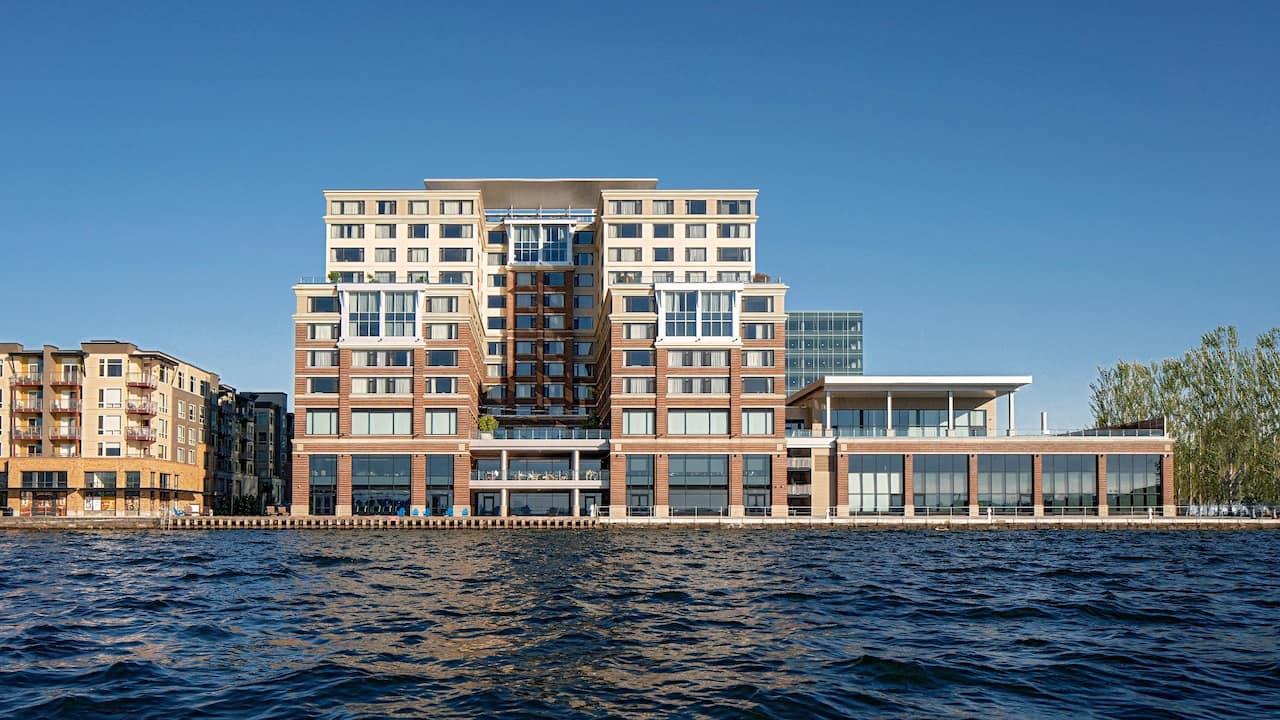 Exterior view of hotel from Lake Washington