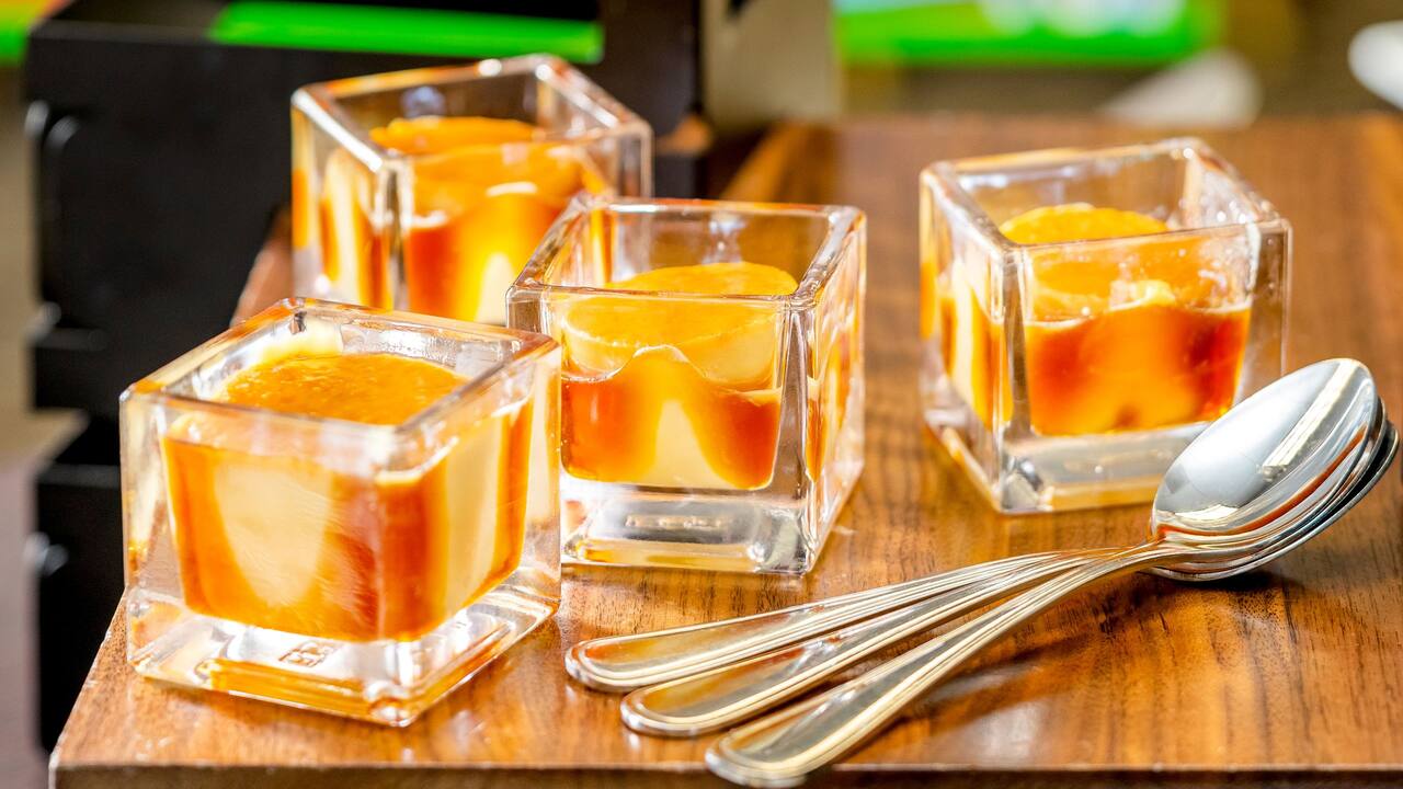 Delicious dessert served in unique cubed dish