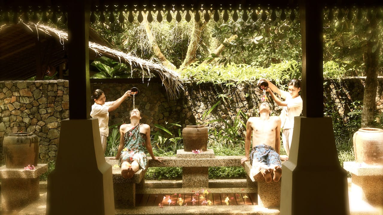 Tanjong Jara Resort outdoor spa with jungle surrounding.