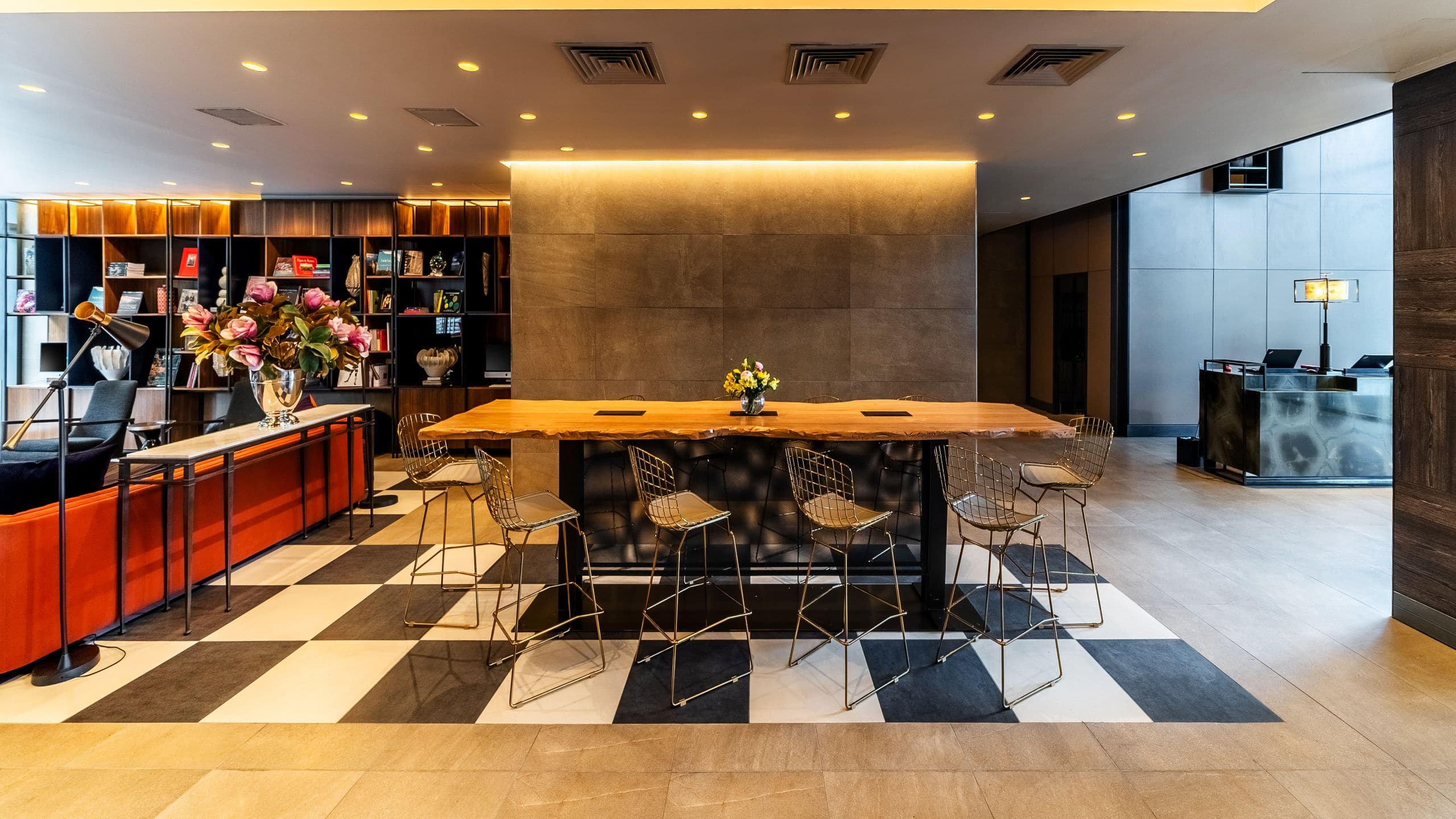 Lobby with communal table and guest check in area