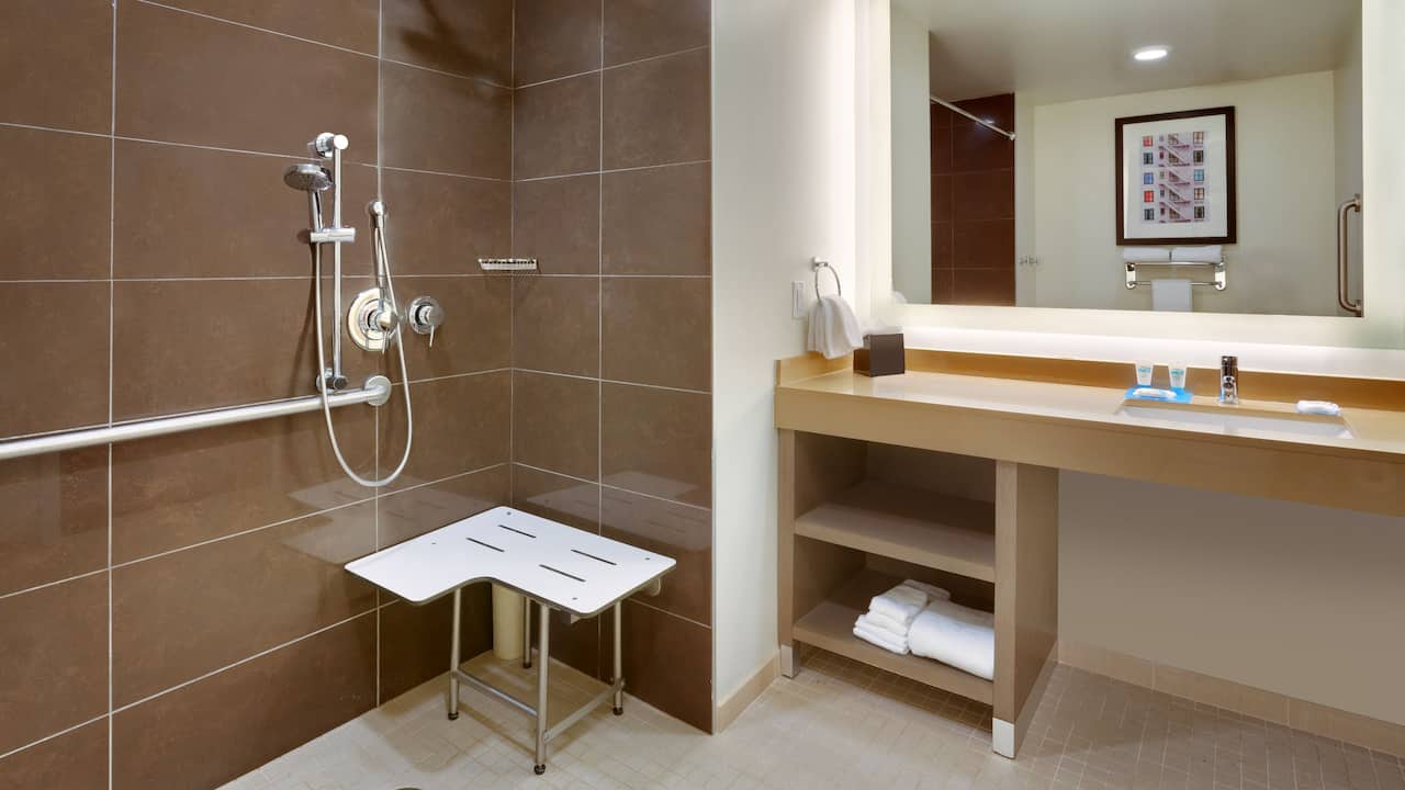 Accessible Den Guestroom bathroom with roll-in shower  