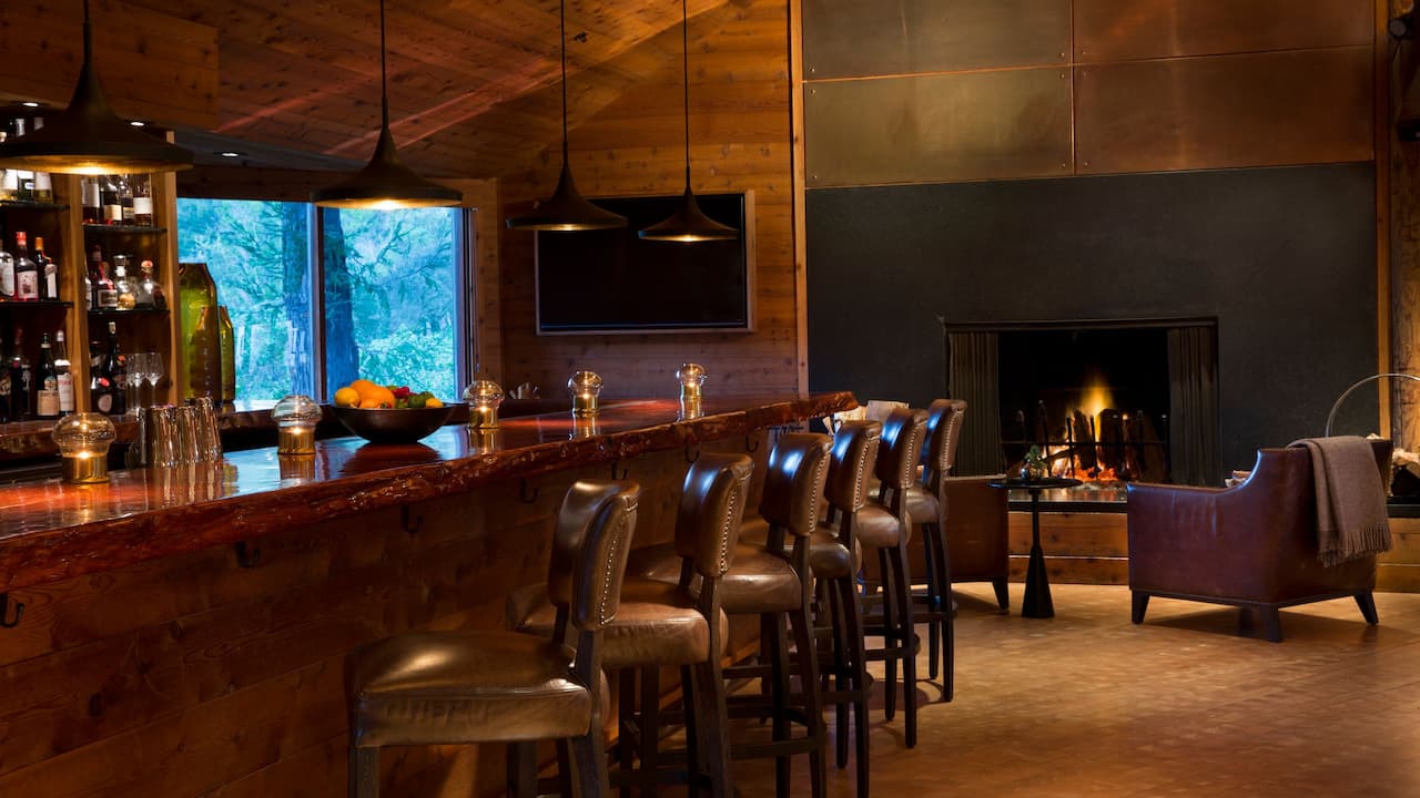The Sur House Bar with fireplace and countertop seating