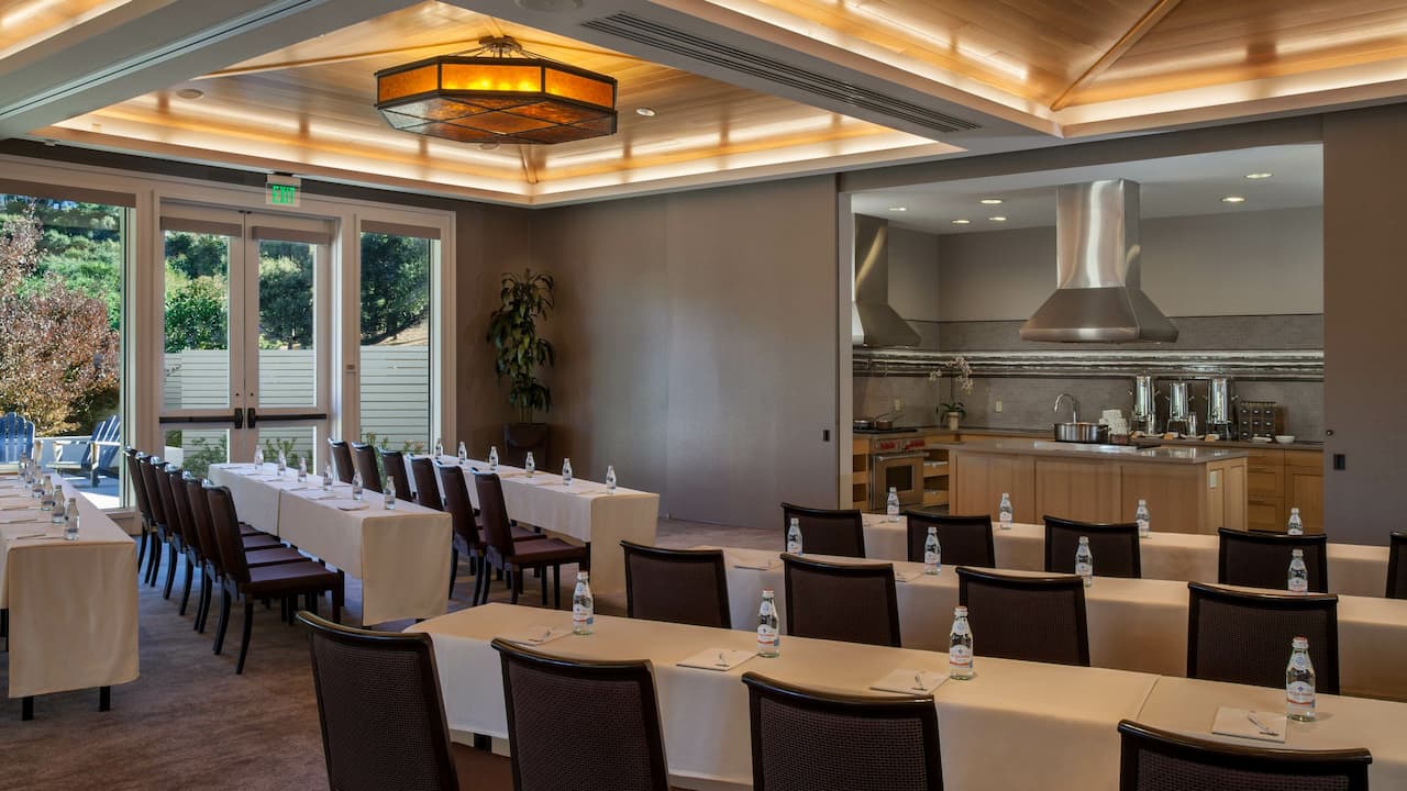Oak Room event venue with open kitchen