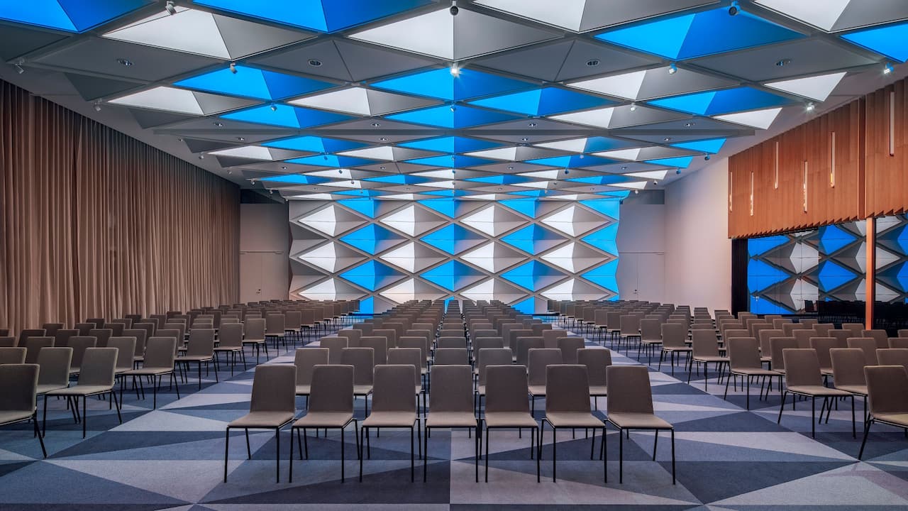 Andaz Munich Ballroom with modern blue and white LED light panel ceiling