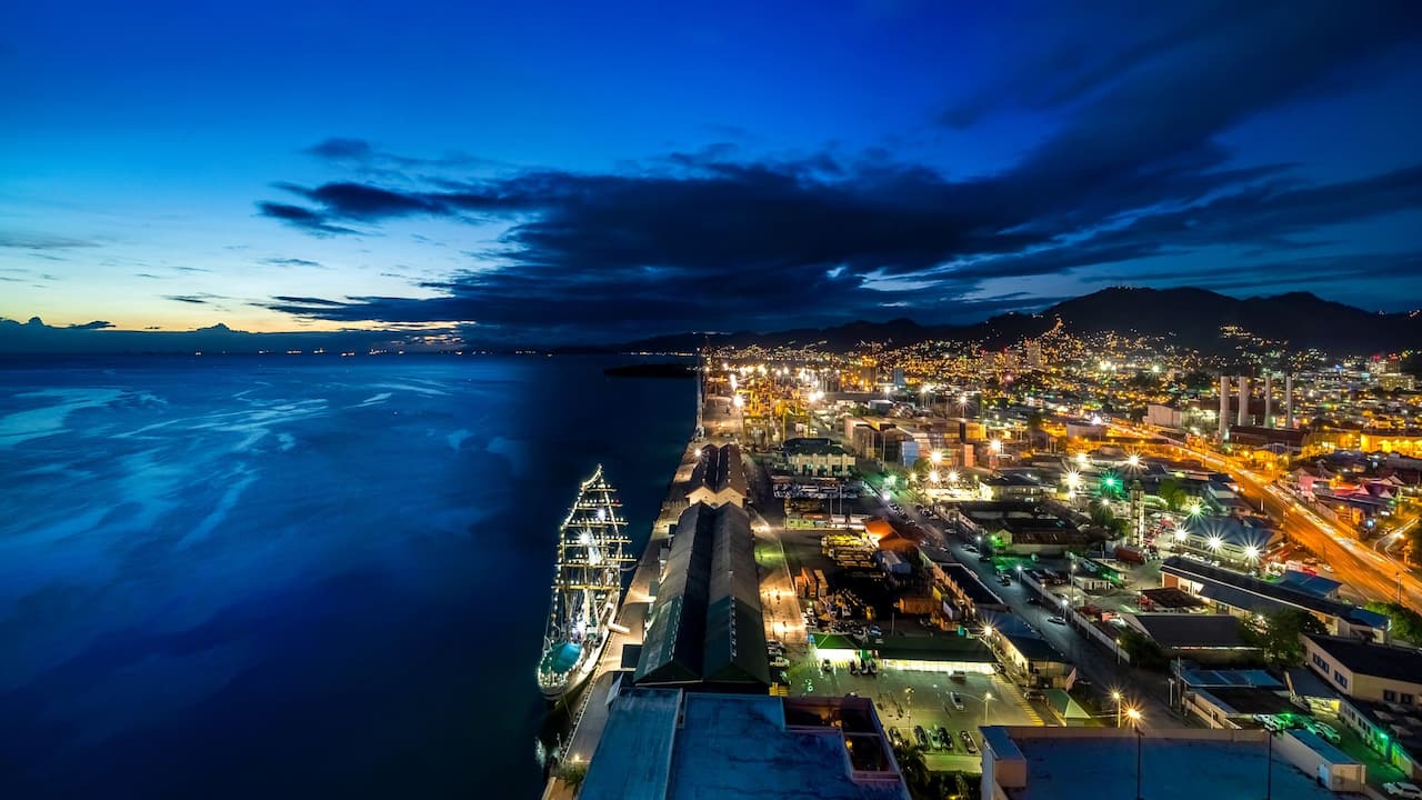 Aerial view of Port of Spain waterfront at night