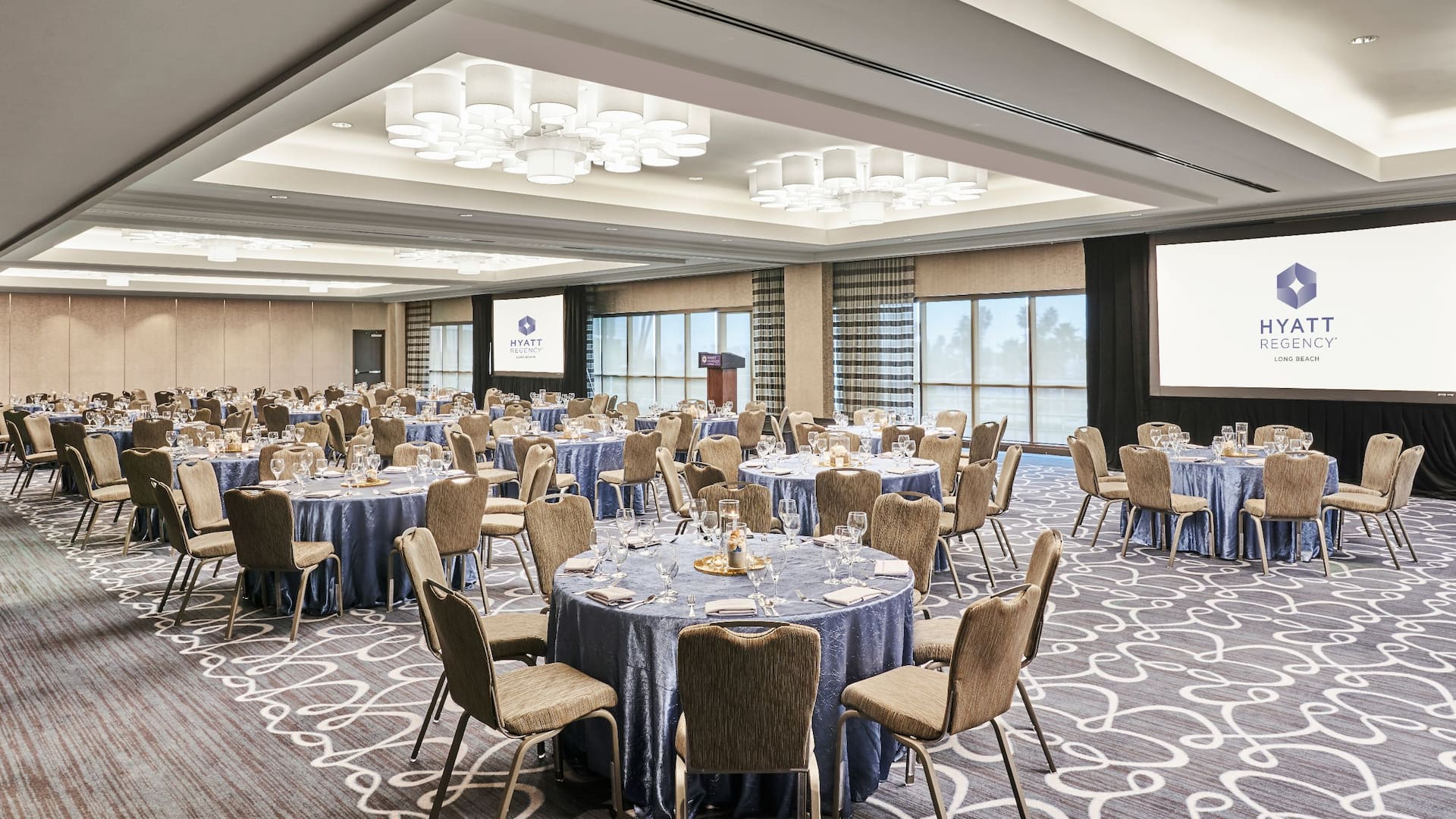 Hyatt Regency Long Beach Beacon Ballroom Banquet Rounds Setup Curtains Down