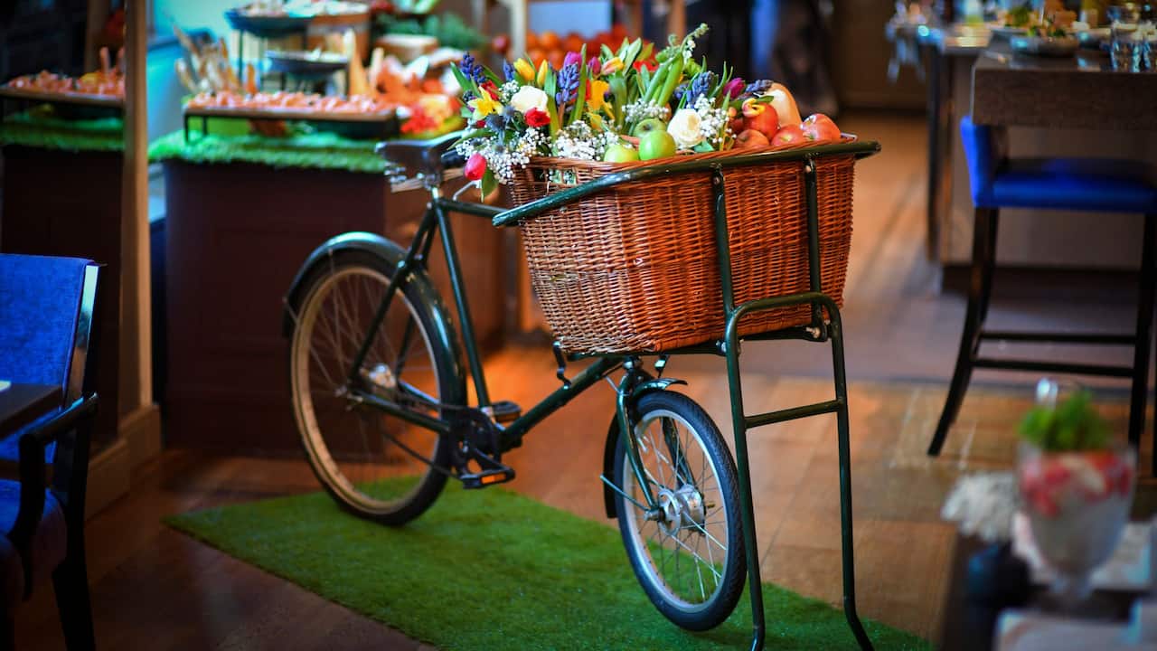 Bicycle decor with flowers and fruits at The Montagu Kitchen for Sunday Garden Brunch