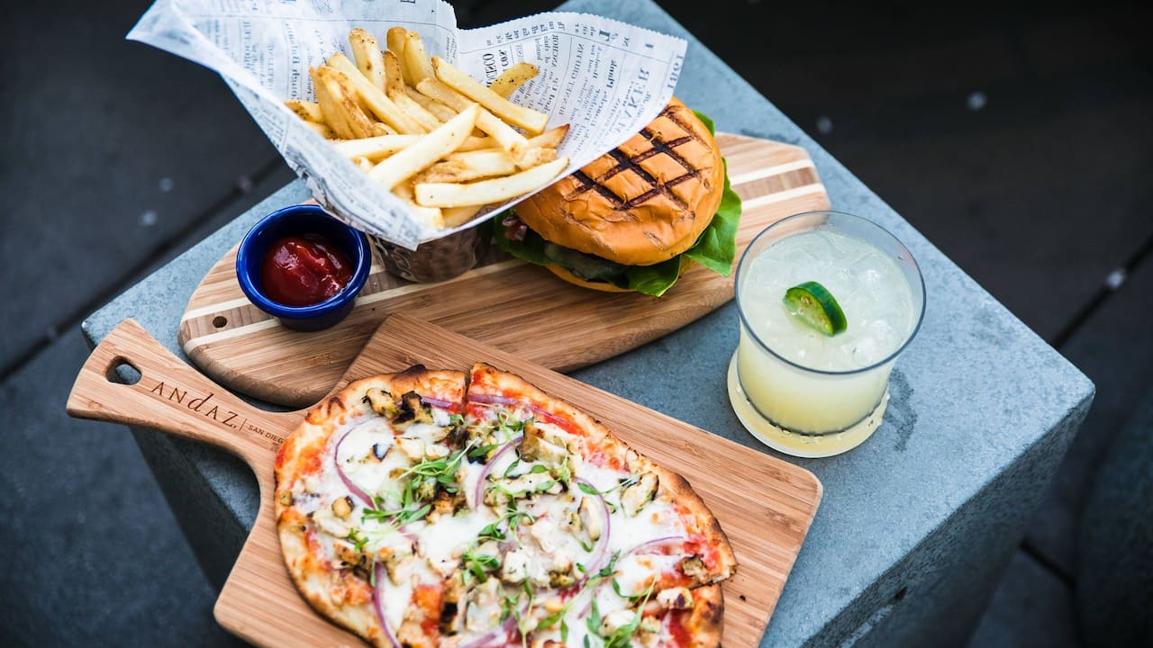 The Rooftop by STK flatbread and burger with fries