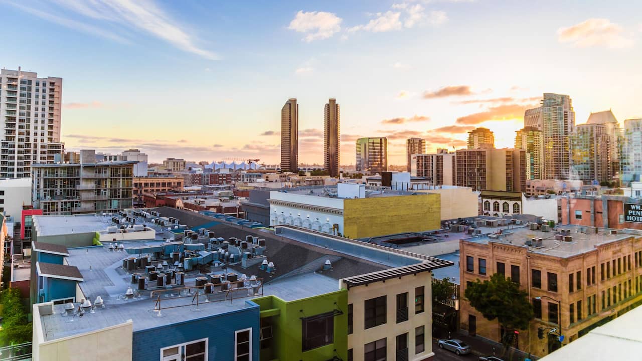 Rooftop view of downtown San Diego at sunset 