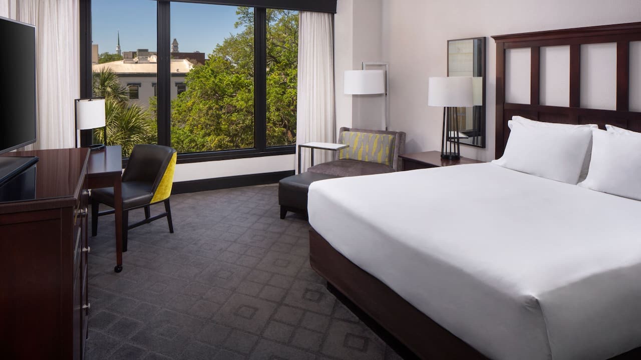 One King Bed with City View guest room with desk and TV