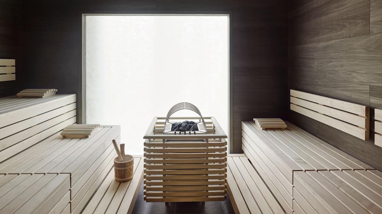 Sauna with wooden benches and heater