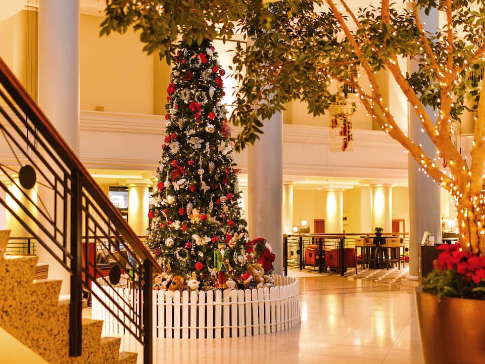 Christmas tree and decorations in the hotel lobby