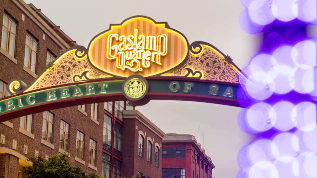 Gaslamp Quarter neon sign at sunset
