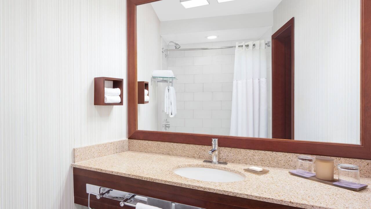 Guest bathroom vanity with large mirror