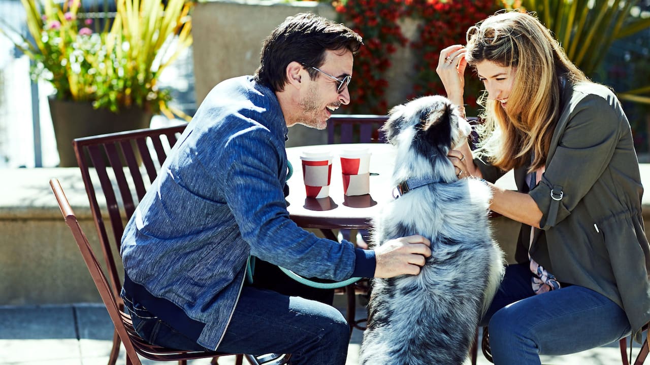 Couple and dog outdoor dining
