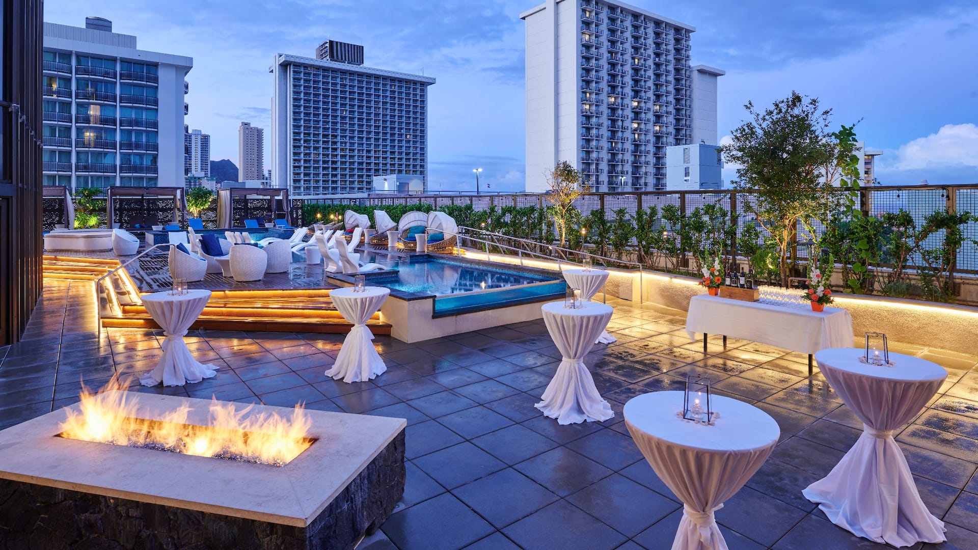 Outdoor party and lounge area at a seaside Waikiki hotel