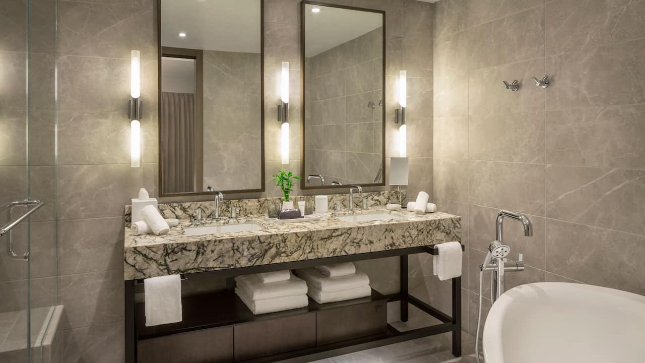 Executive Suite guest bathroom with double vanity, walk-in shower, and soaking tub