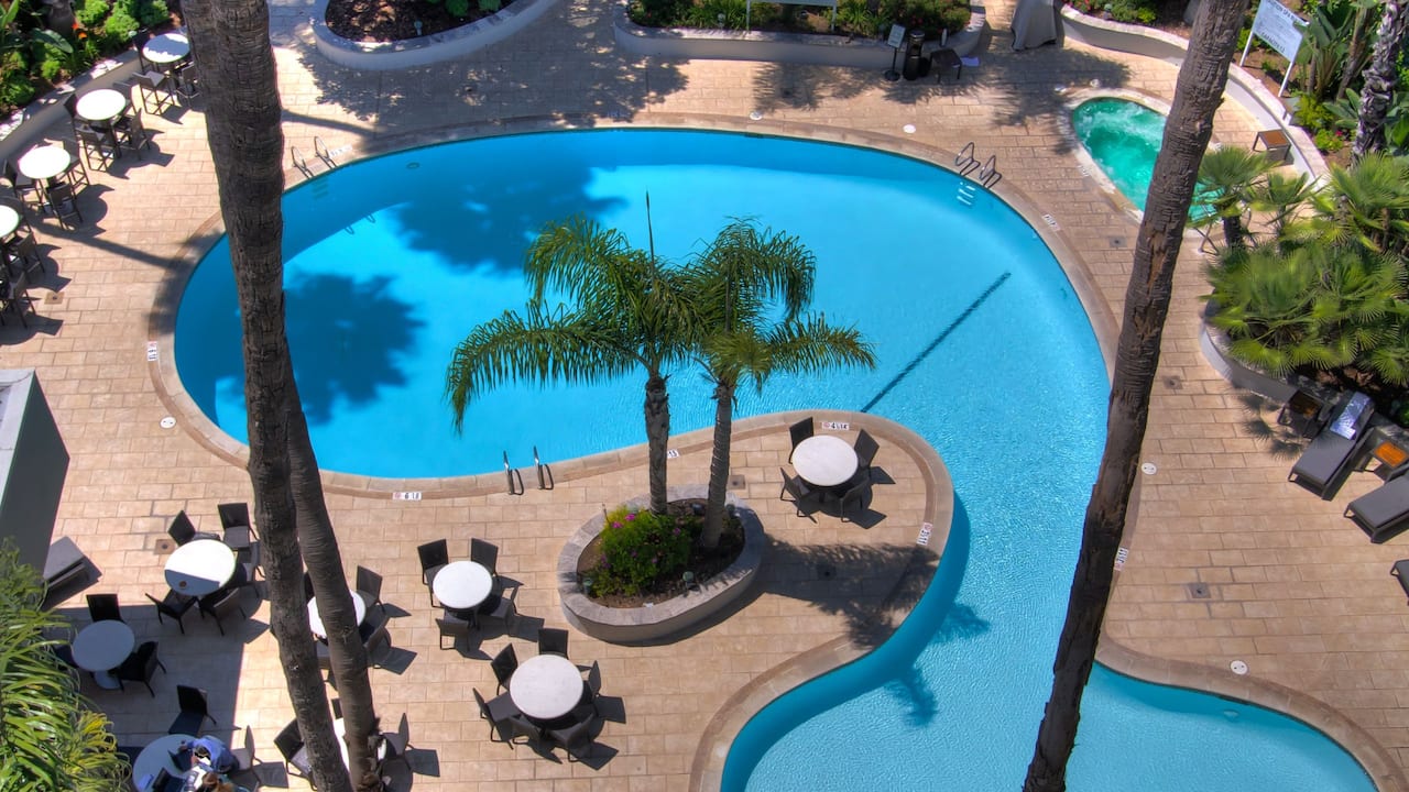 Aerial view of outdoor swimming pool with palm trees and lounge chairs
