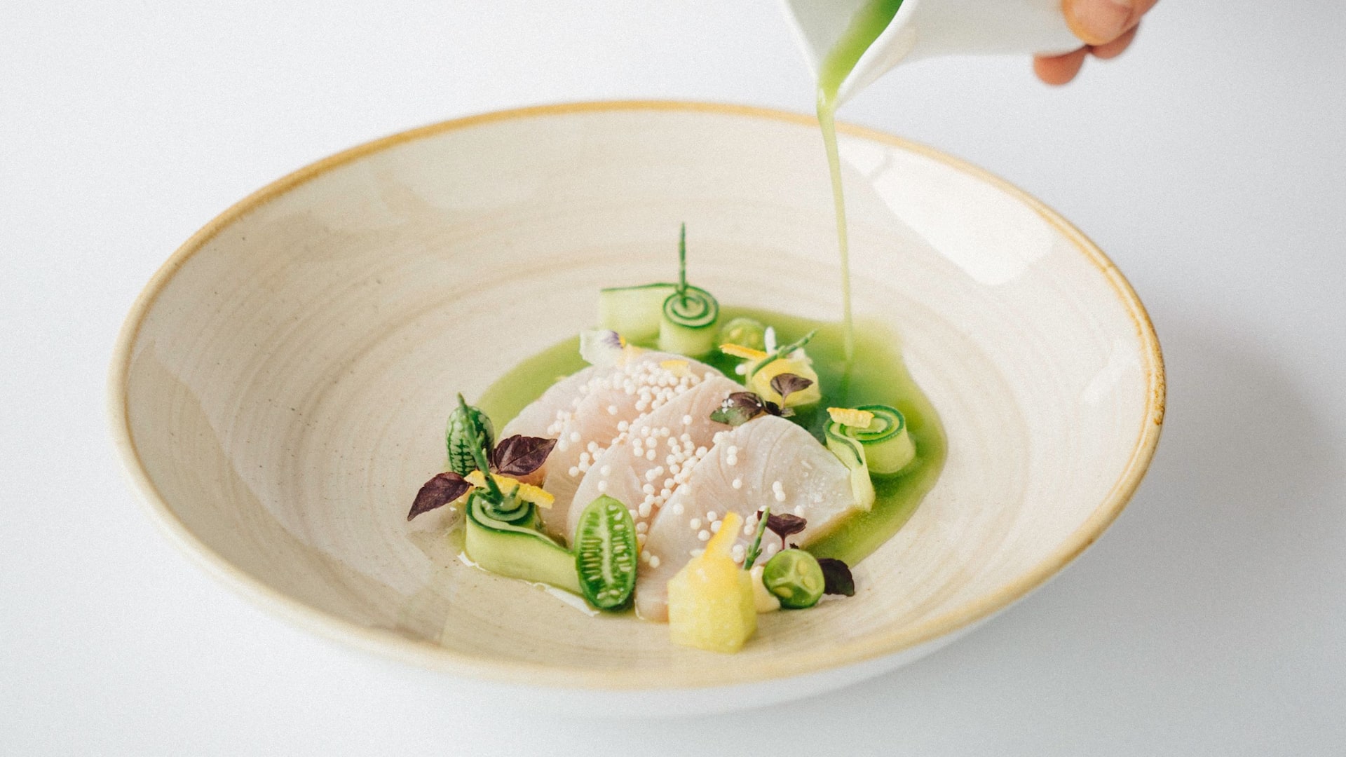 Mackerel dish at Glashaus Restaurant of Hyatt Regency Cologne is covered with sauce