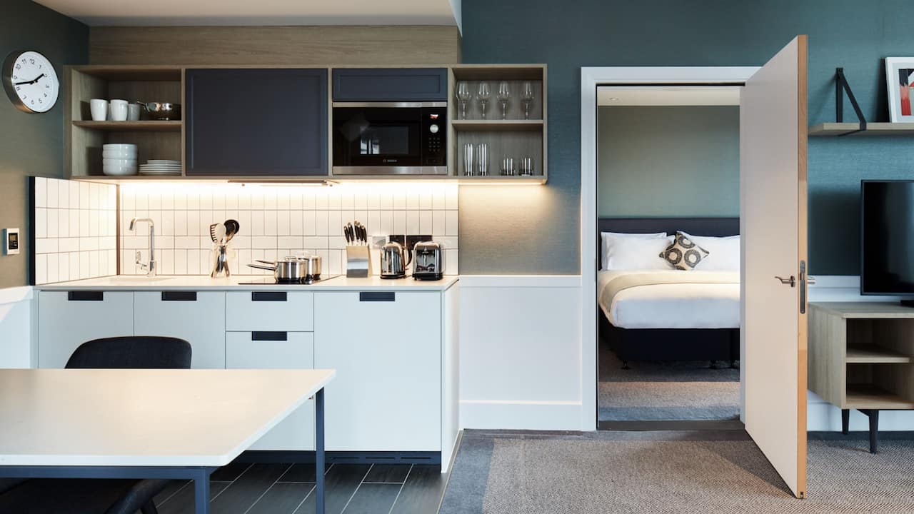 Kitchen and bedroom at Hyatt House Manchester