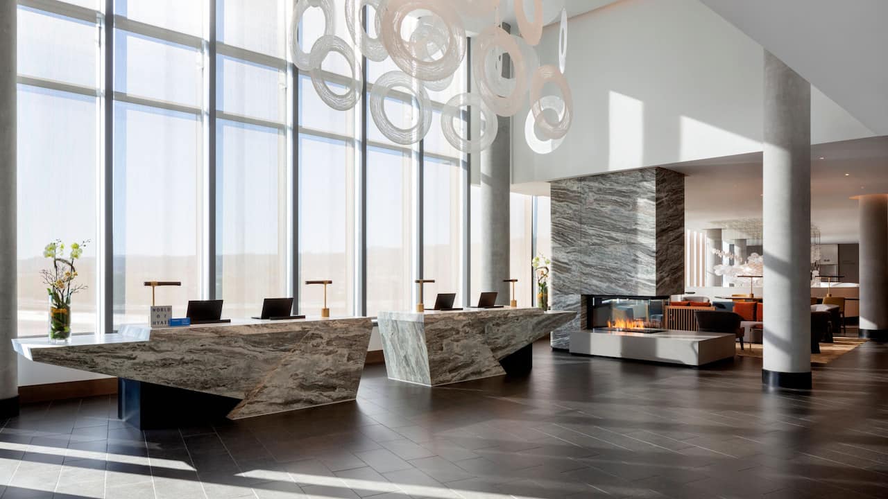 Front desk reception with modern fireplace