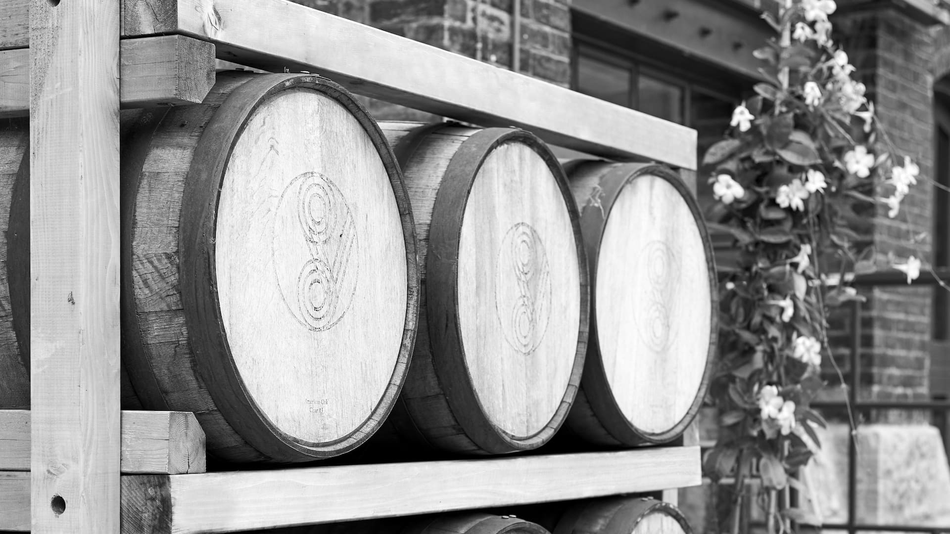 A closeup view of 3 wooden distillery barrels