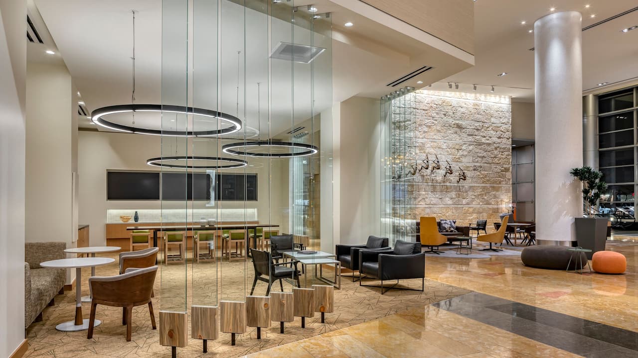 Lobby with seating and workspace