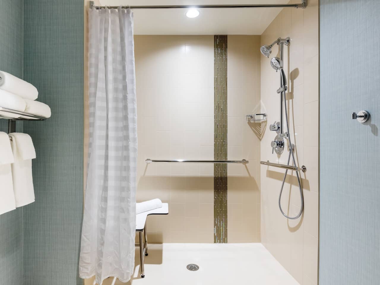 Accessible King Bed guest bathroom with roll-in shower