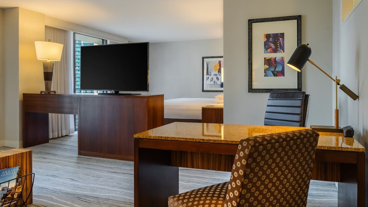 A close up of desks in a hotel suite in downtown Miami