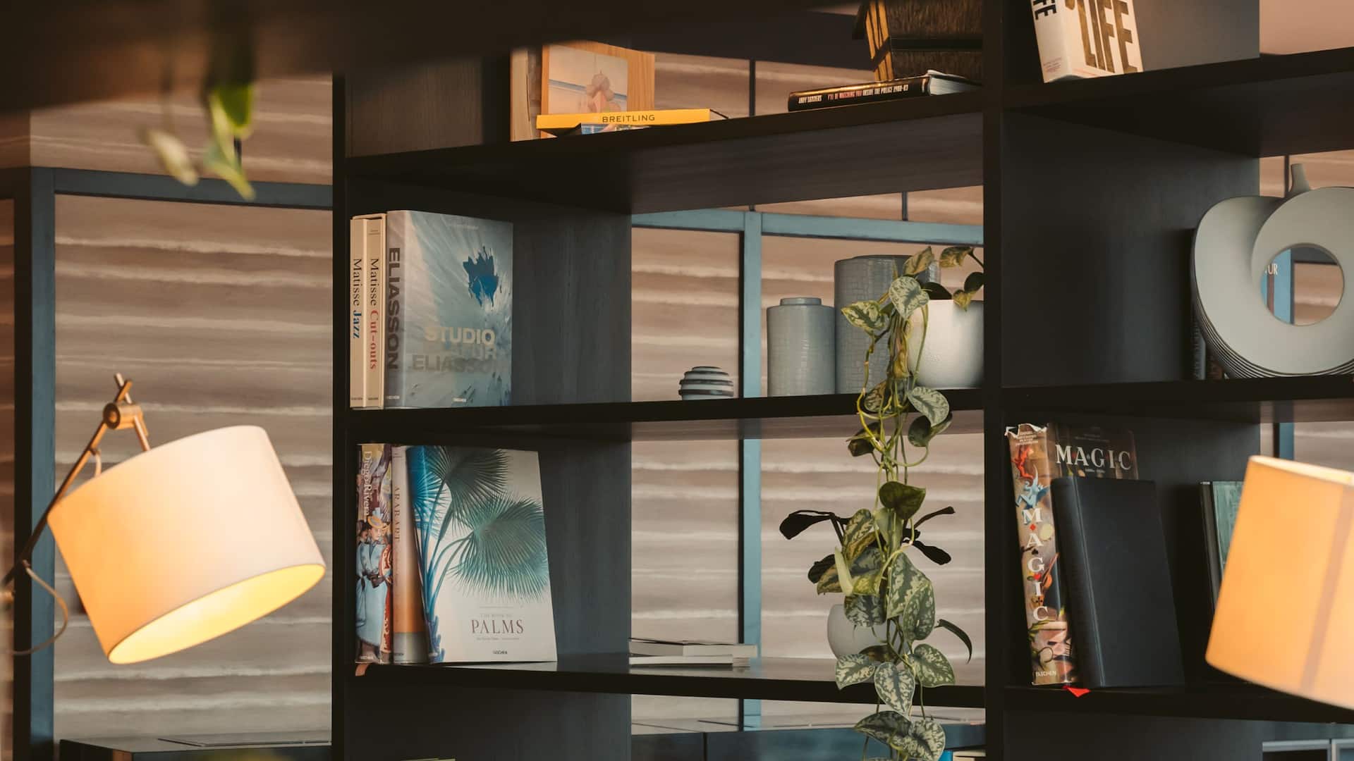 Decorative bookshelves in the public area of  Hyatt Regency Cologne