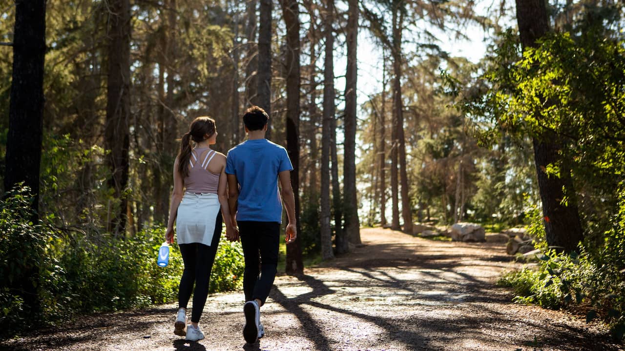 Ein Mann und eine Frau spazielen im Wald