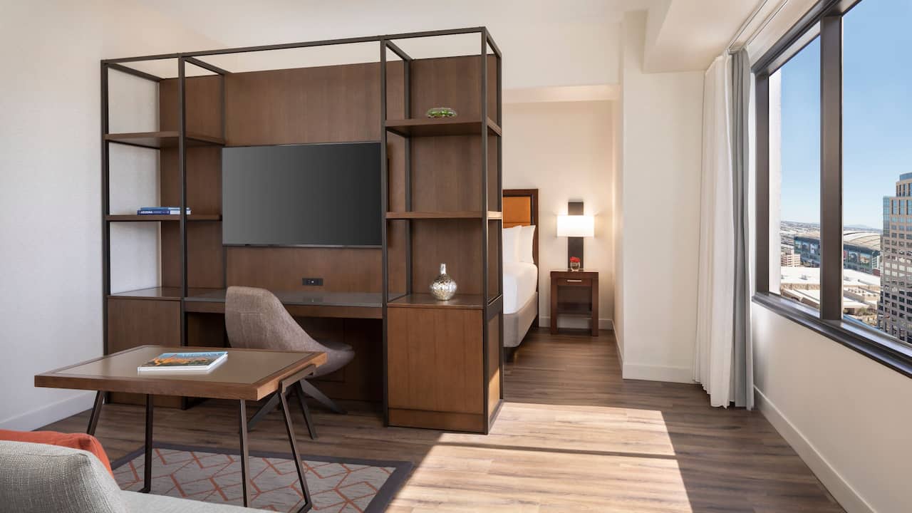 An executive hotel suite with a high floor view of downtown Phoenix