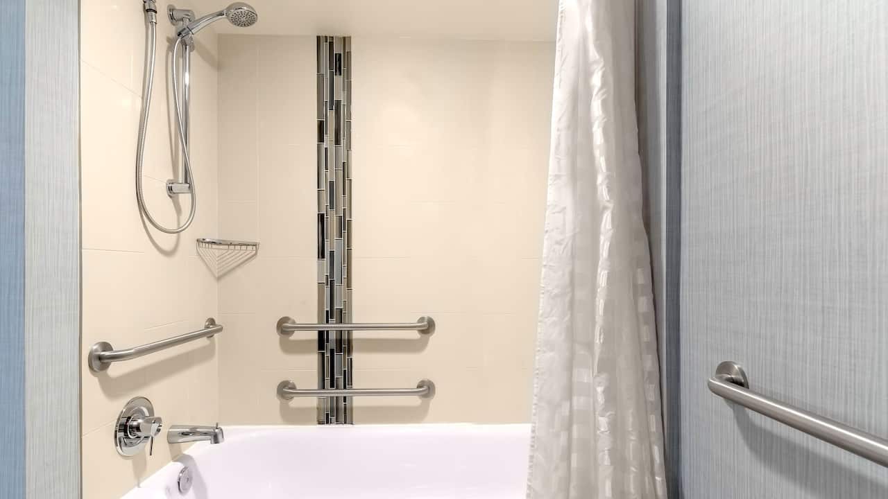 Richmond, VA hotel bathroom with tub has grab bars at Hyatt Place Richmond / Arboretum