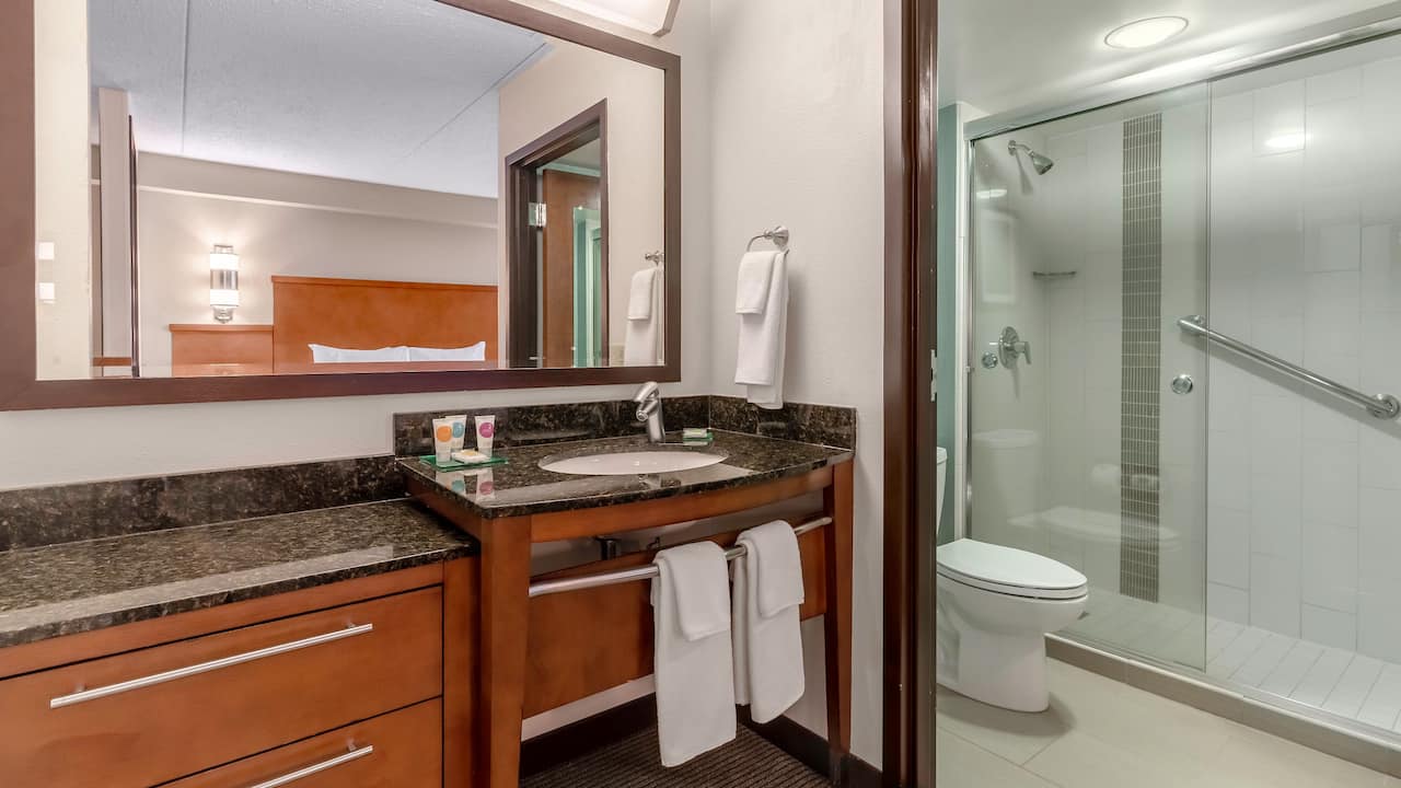 Hyatt Place Charlotte Airport / Tyvola Modern Bathroom with Walk in Shower at Charlotte Airport