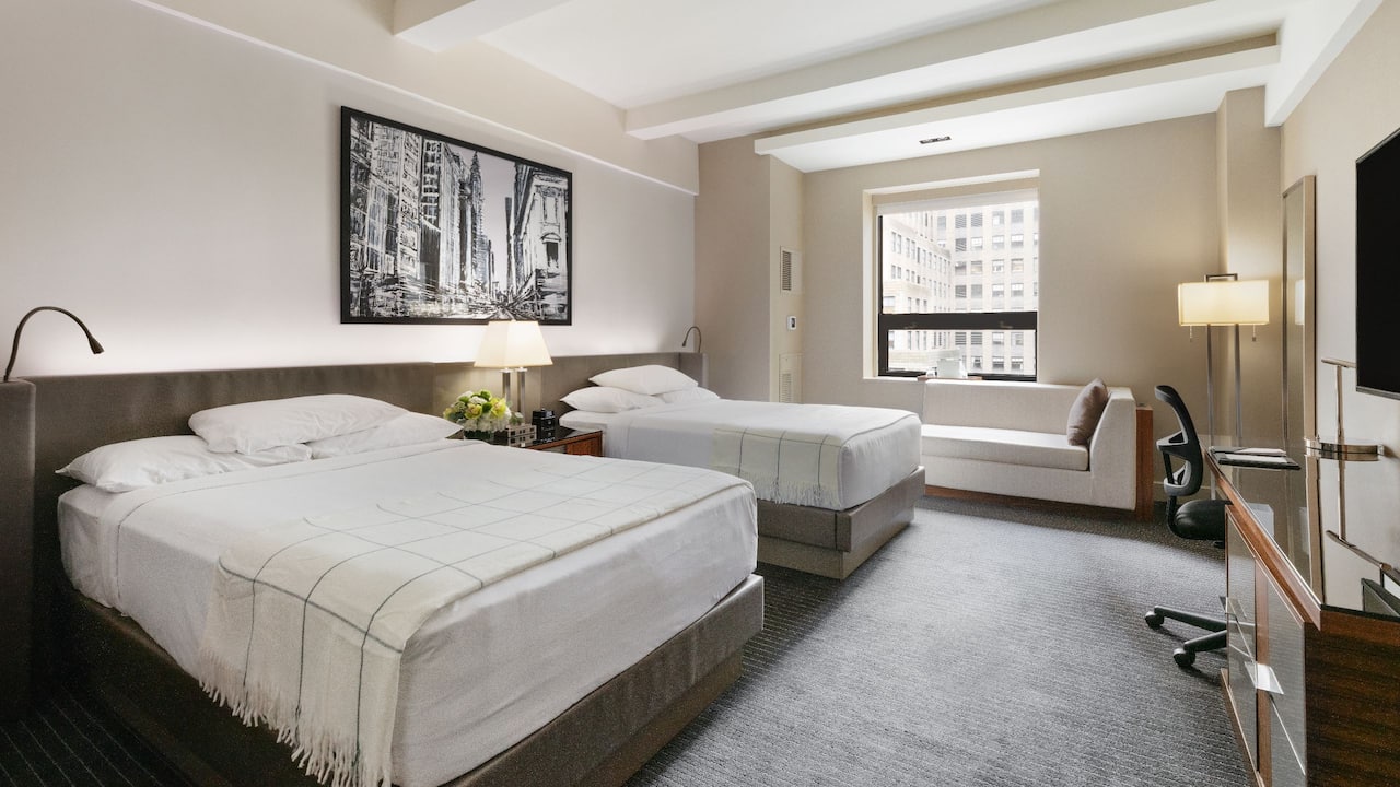 Two Double Beds guestroom with work desk and window chaise at Hyatt Grand Central New York