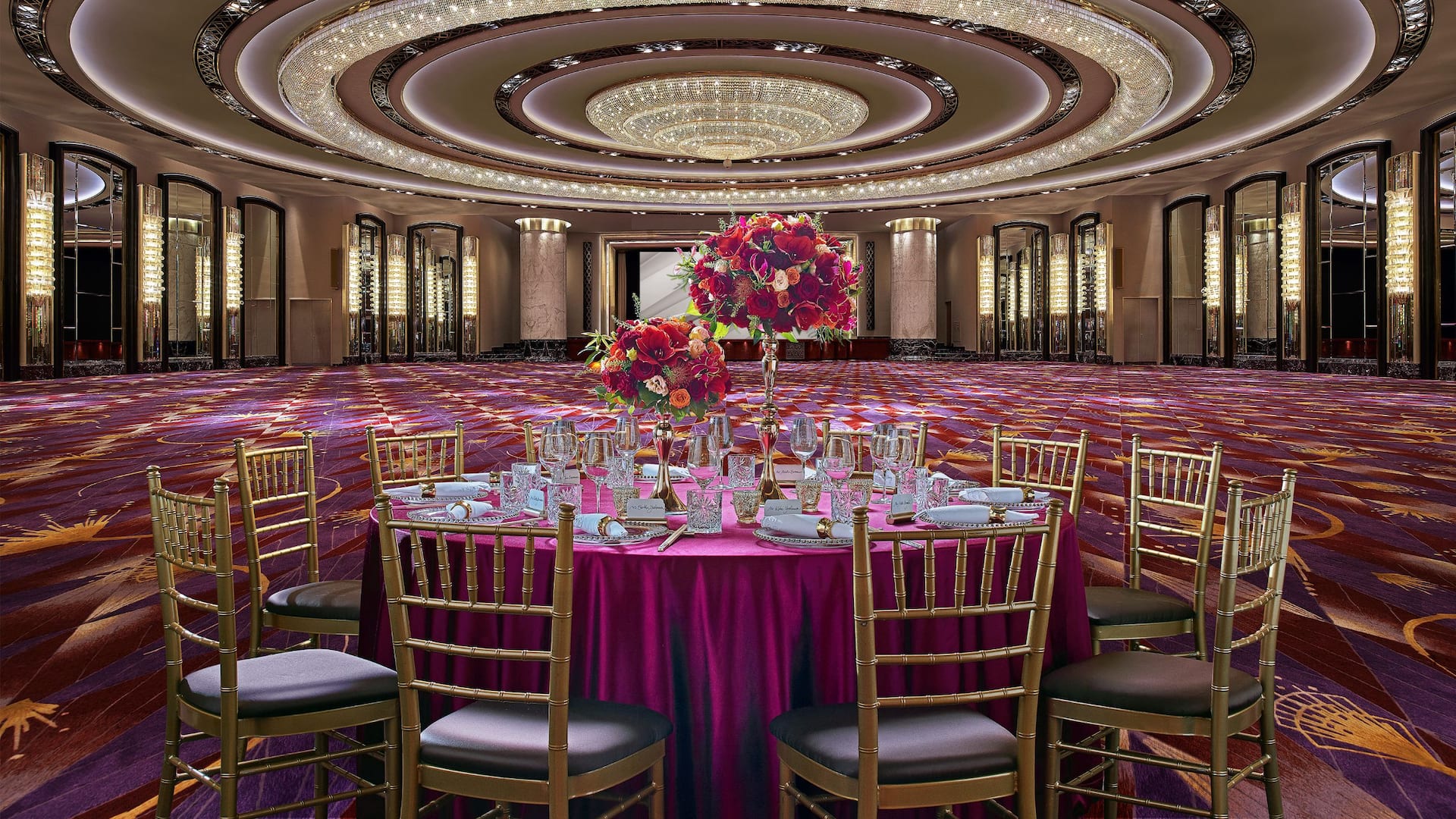 Grand Hyatt Hong Kong Grand Ballroom Burgandy Table Setup