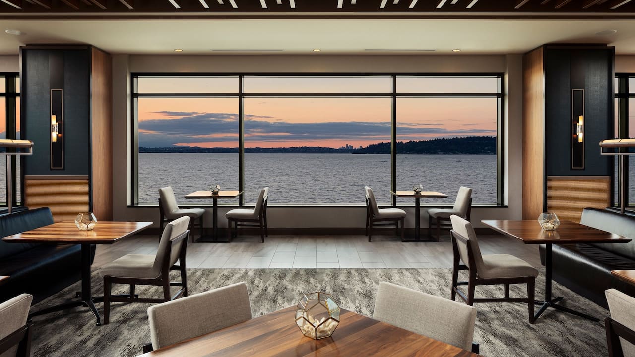 Water's Table dining room with sunset lake view