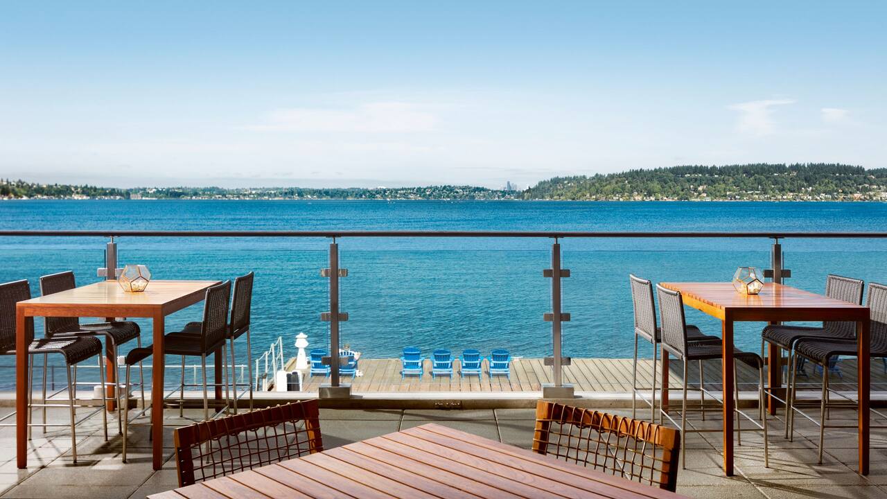 Water's Table patio seating overlooking the lake