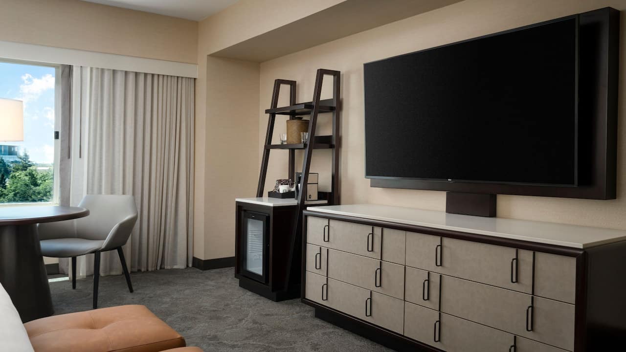 Guest room amenities equipped with TV and mini-fridge
