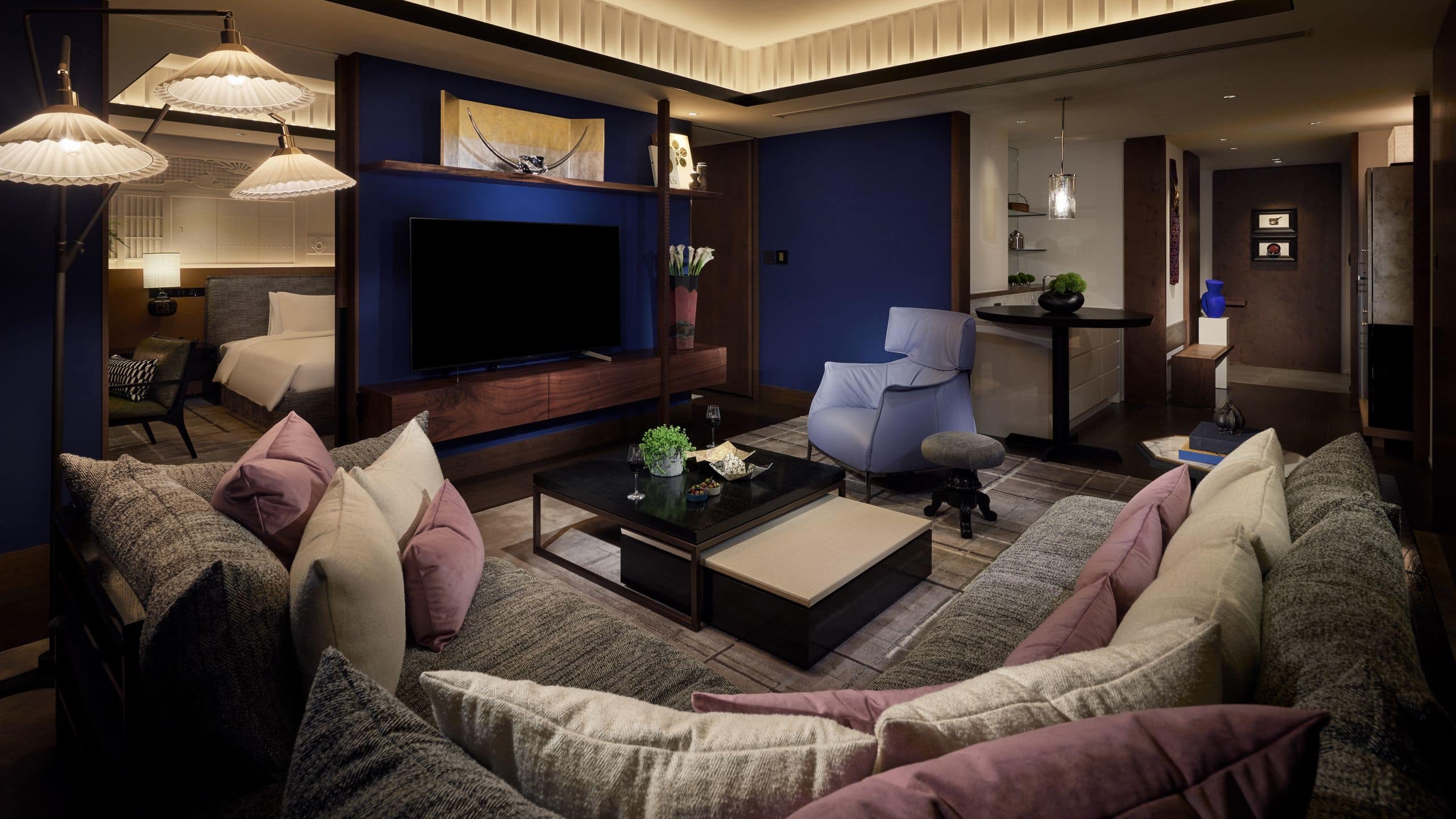 3 of 12 Hyatt Centric Kanazawa Kanazawa Suite Living Space with Bedroom Night