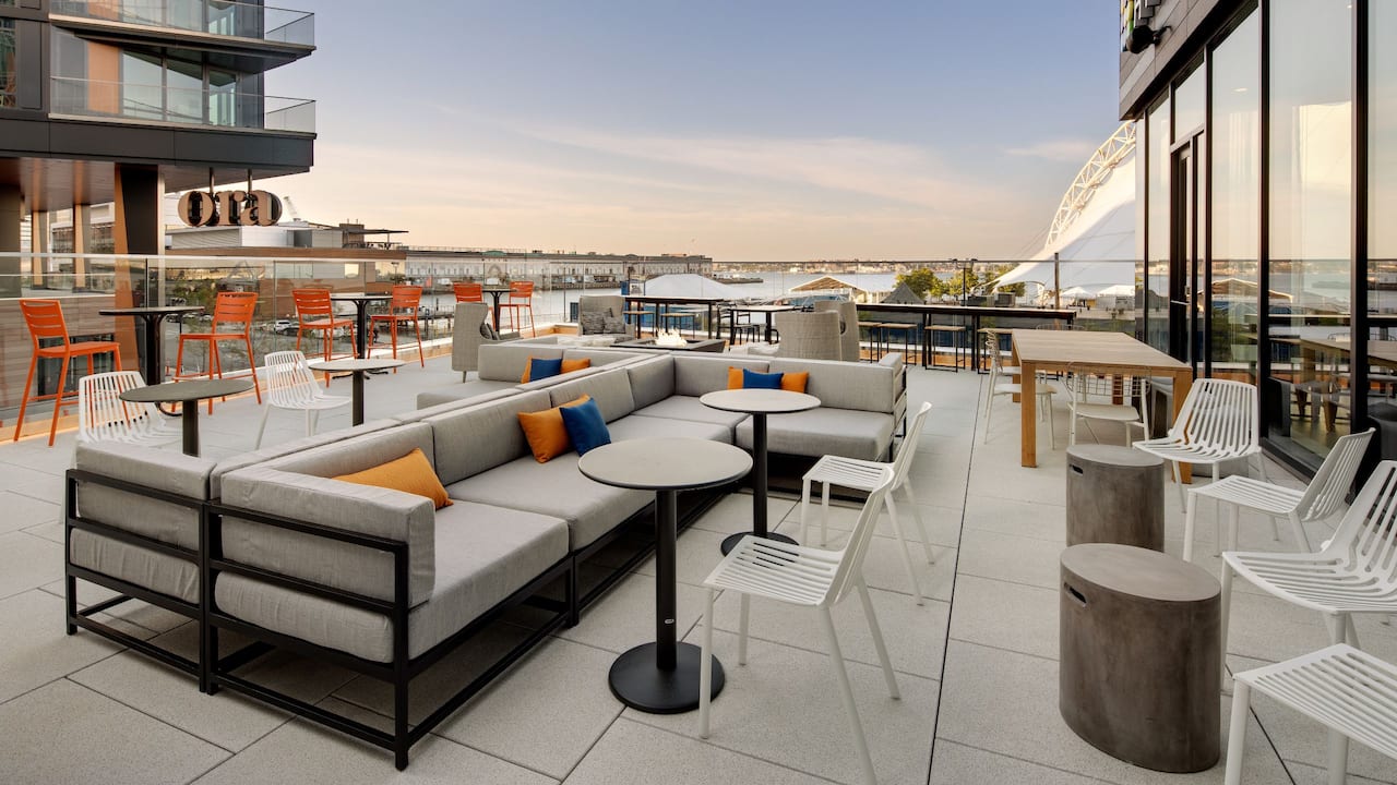 Hyatt Place Boston / Seaport District Lower Roof Deck Outdoor Modern Lounge Seating in Seaport