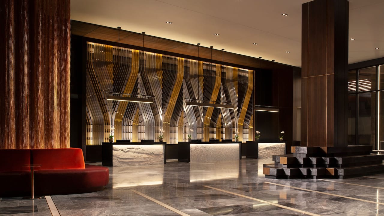 Hotel lobby with front desk area
