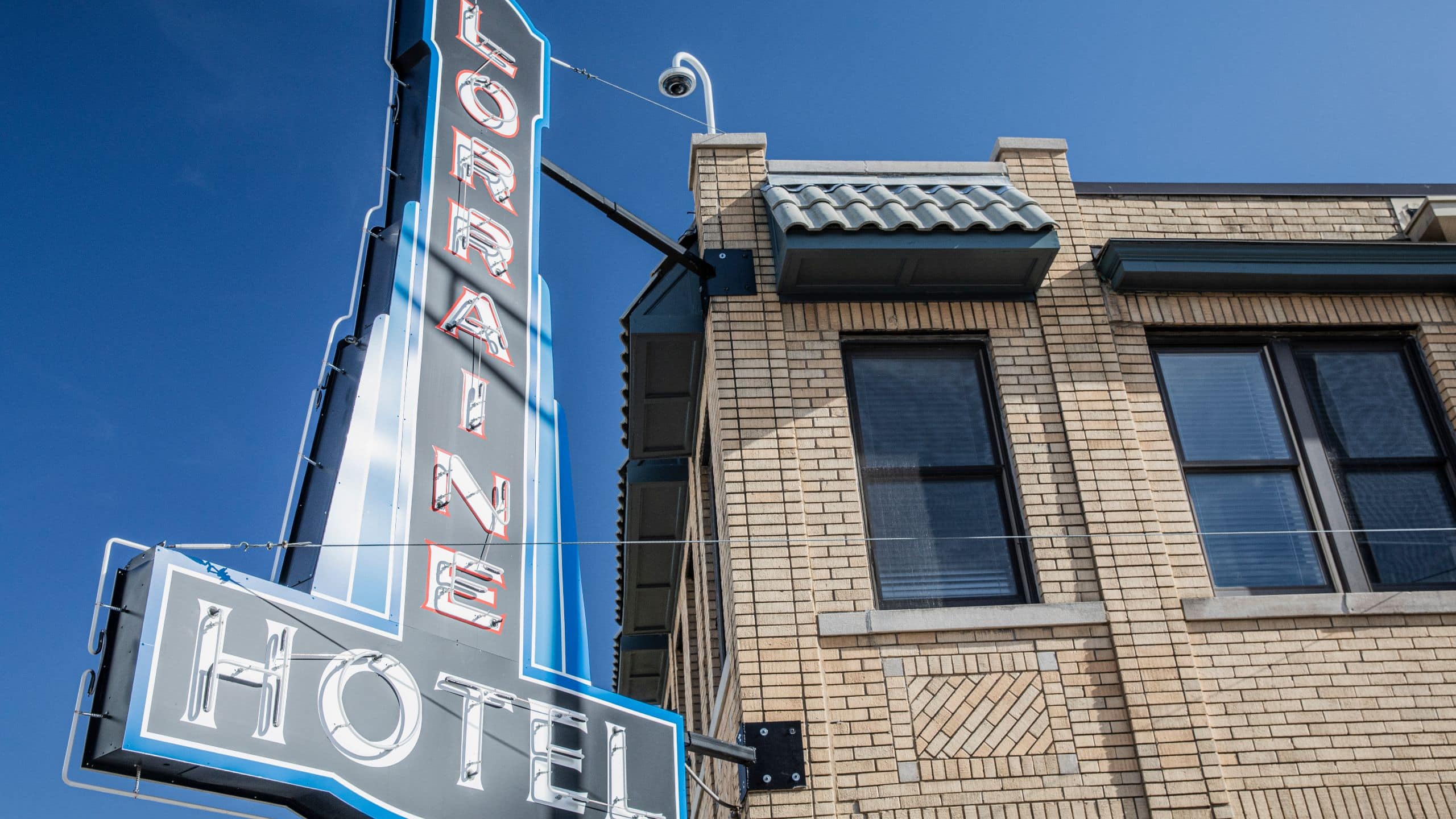 View of the historic Lorraine Hotel exterior sign