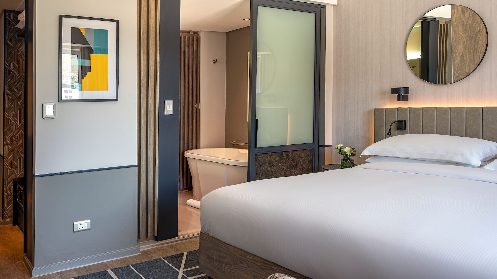 King Bed with Table Mountain View Bathroom