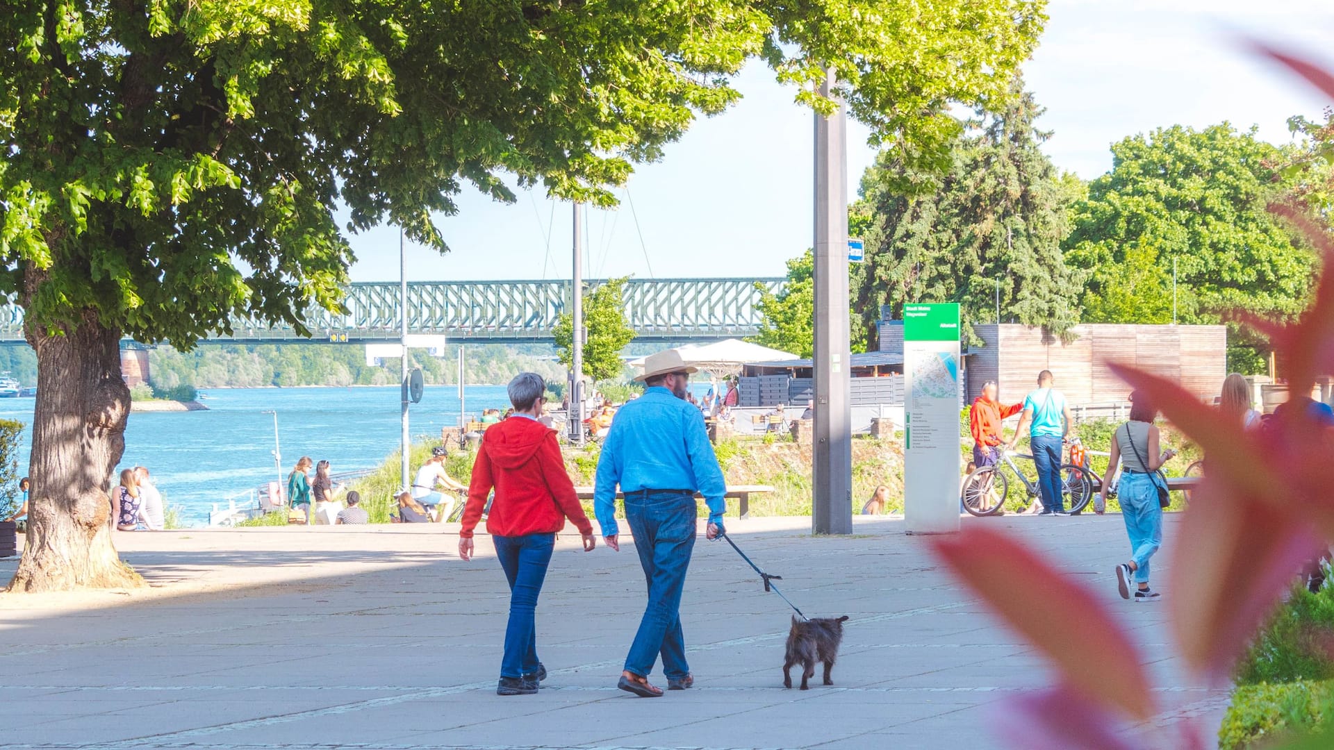 People strolling over the Rhine piazza during summer in front of Hyatt Regency Mainz