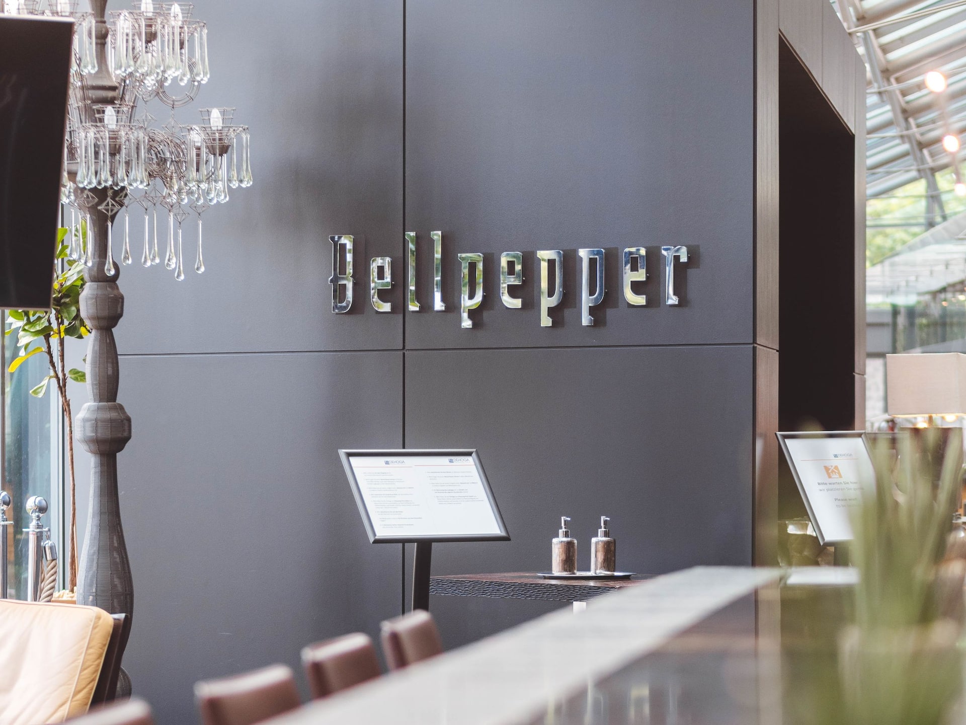 Bellpepper logo at wall in restaurant entrance area at Hyatt Regency Mainz