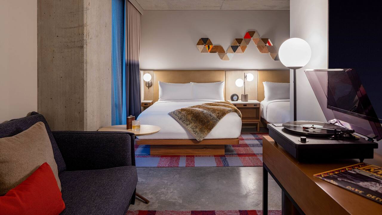A boutique hotel studio suite with two queen beds in downtown Portland near Pearl District