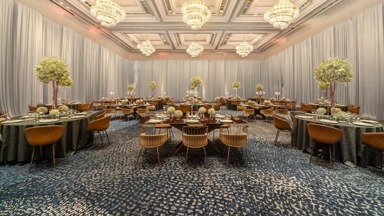 Large event space, Regency Ballroom in banquet dining setup