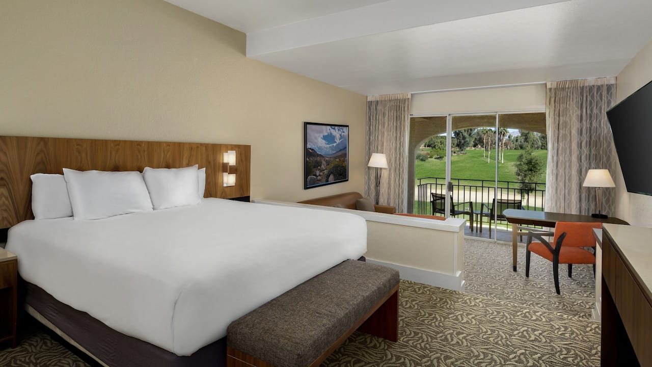 A spacious one king bedroom with a golf course view at Hyatt Regency Indian Wells Resort & Spa