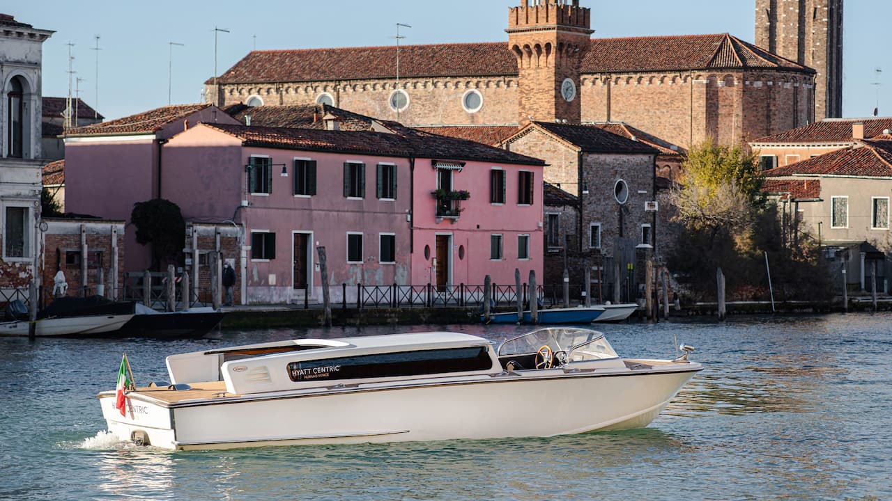 Shuttle boat at Hyatt Centric Murano Venice on the Island of Murano in Venice